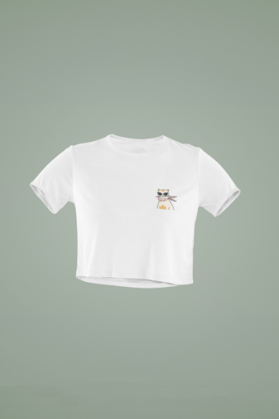 Entelektüel Kedi Tasarımlı Beyaz Crop Tişört