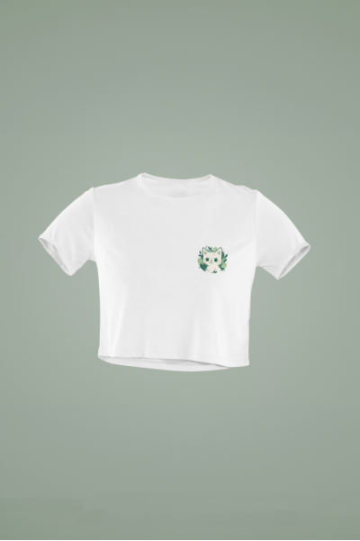 Yeşili Sev Kedi Tasarımlı Beyaz Crop Tişört