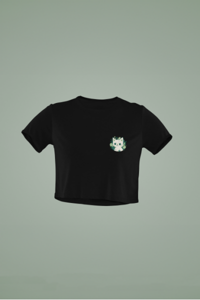 Yeşili Sev Kedi Tasarımlı Siyah Crop Tişört