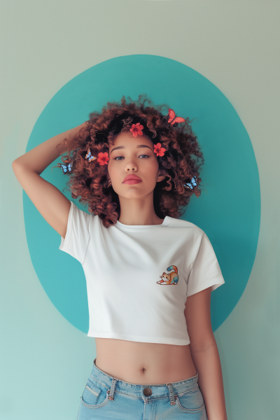 Sevimli Kedi Tasarımlı Beyaz Crop Tişört