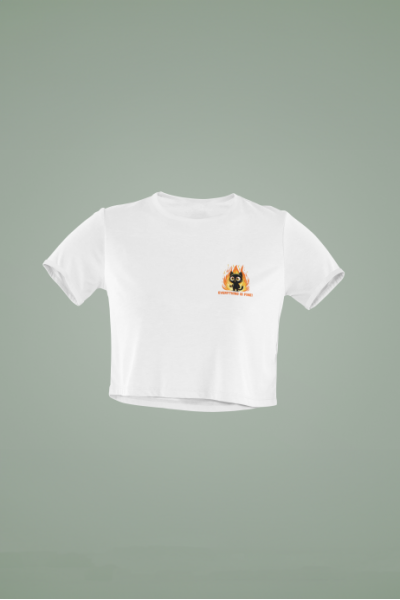 Psikopat Kedi Tasarımlı Beyaz Crop Tişört