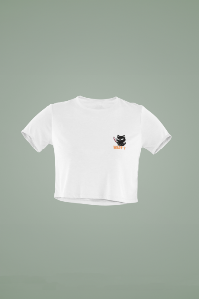 Psikopat Kedi Tasarımlı Beyaz Crop Tişört