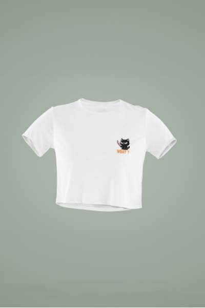 Psikopat Kedi Tasarımlı Beyaz Crop Tişört