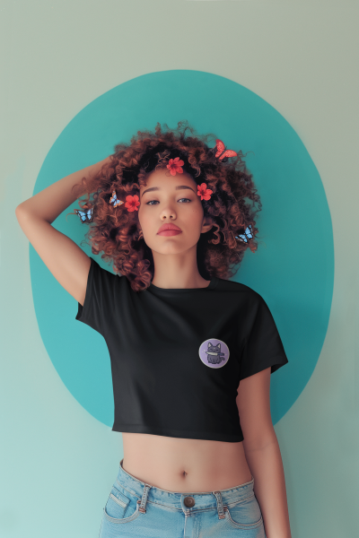 Psikopat Kedi Tasarımlı Siyah Crop Tişört