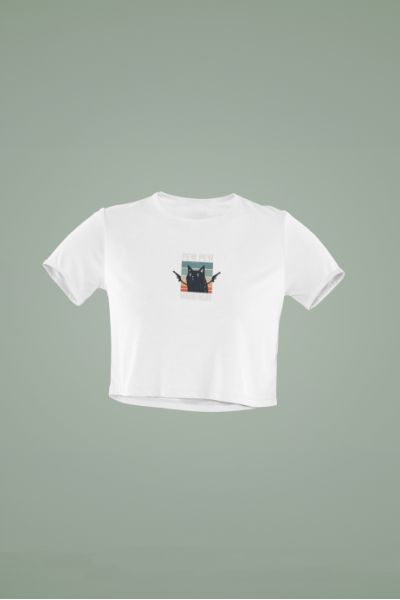 Tehlikeli Kedi Tasarımlı Beyaz Crop Tişört