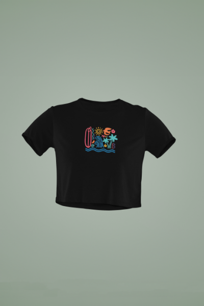 Tatil Modu Tasarımlı Siyah Crop Tişört