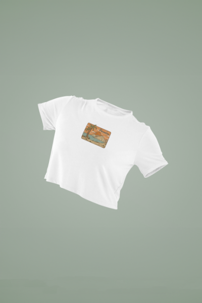 Cennet Kıyısı Tasarımlı Beyaz Crop Tişört