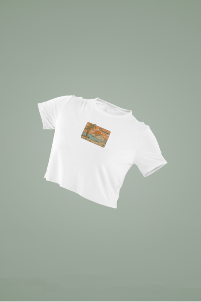 Cennet Kıyısı Tasarımlı Beyaz Crop Tişört