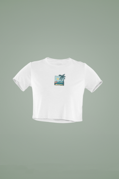 Deniz Esintisi Tasarımlı Beyaz Crop Tişört