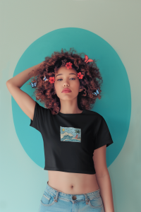 Yaz Dalgası Tasarımlı Siyah Crop Tişört