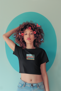 Kumsal Zamanı Tasarımlı Siyah Crop Tişört