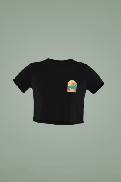 Sahil Penceresi Tasarımlı Siyah Crop Tişört