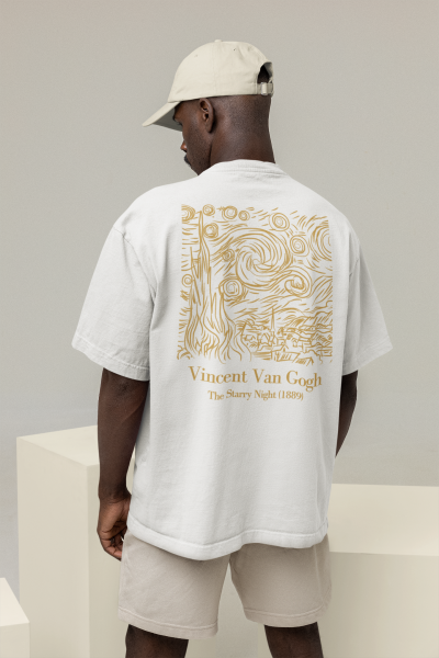 Yıldızlı Gece Tasarımlı Oversize Erkek Beyaz Tişört