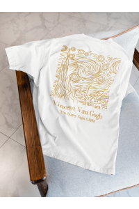 Yıldızlı Gece Tasarımlı Oversize Kadın Beyaz Tişört