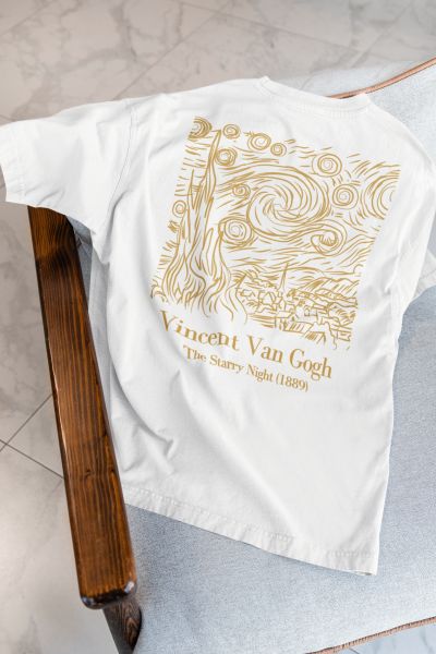 Yıldızlı Gece Tasarımlı Oversize Kadın Beyaz Tişört