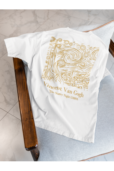 Yıldızlı Gece Tasarımlı Oversize Erkek Beyaz Tişört