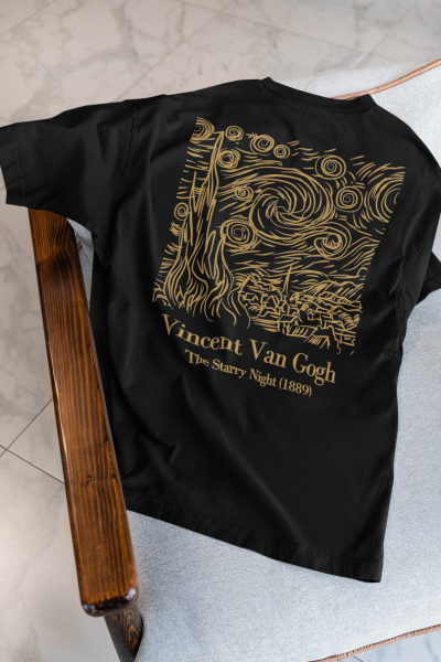 Yıldızlı Gece Tasarımlı Oversize Kadın Siyah Tişört