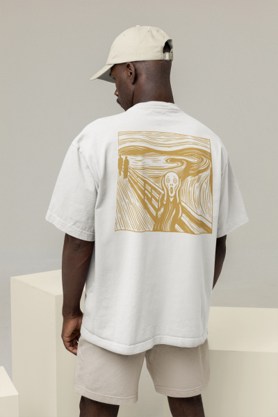 Çığlık Tasarımlı Oversize Erkek Beyaz Tişört