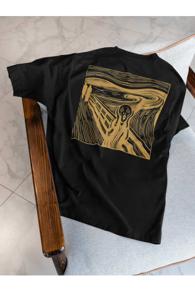 Çığlık Tasarımlı Oversize Erkek Siyah Tişört