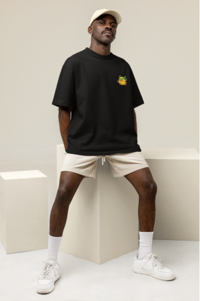 Nunçaku Belalı Civciv Tasarımlı Oversize Erkek Siyah Tişört