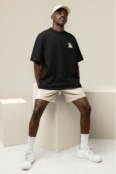 Oversized Men's Black T-Shirt Featuring The Intellectual Cat