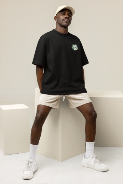 Yeşili Sev Kedi Tasarımlı Oversize Erkek Siyah Tişört