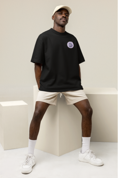 Psikopat Kedi Tasarımlı Oversize Erkek Siyah Tişört