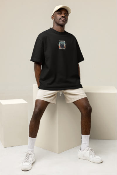 Tehlikeli Kedi Tasarımlı Oversize Erkek Siyah Tişört