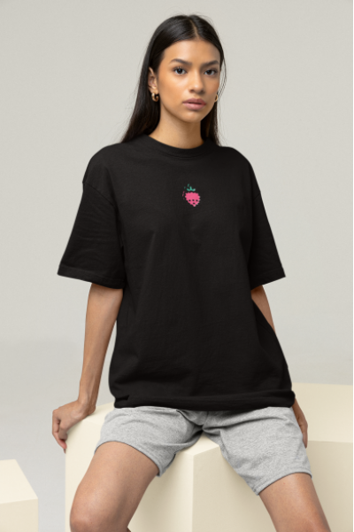 Oversized Women's Black T-Shirt Featuring The Strawberry