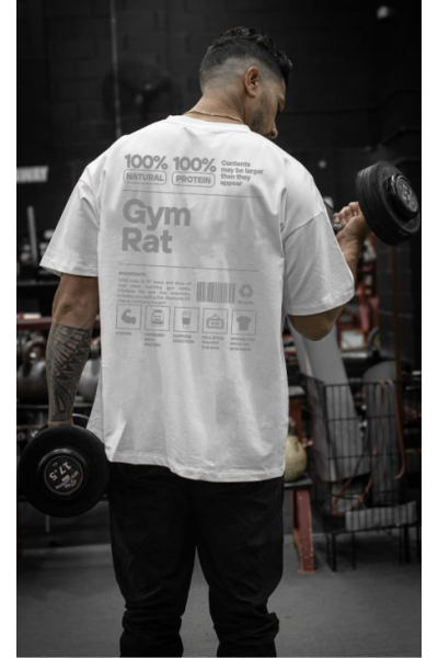 Gym Rat Tasarımlı Oversize Erkek Beyaz Tişört
