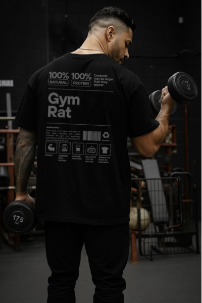 Gym Rat Tasarımlı Oversize Erkek Siyah Tişört