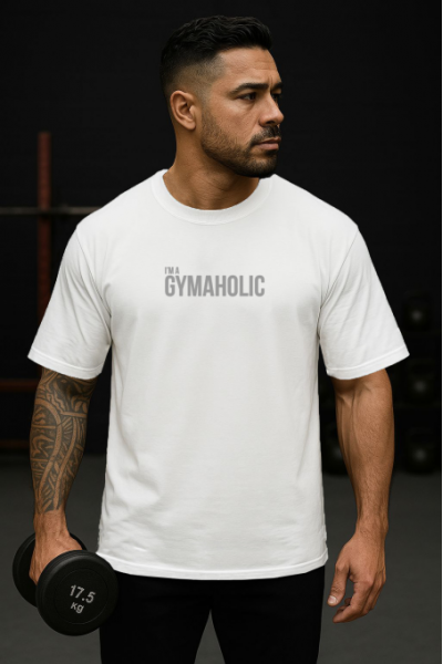 Gymaholic Tasarımlı Oversize Erkek Beyaz Tişört