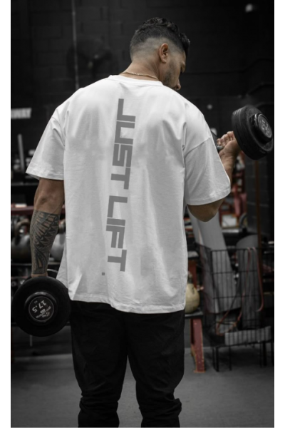 Just Lift Tasarımlı Oversize Erkek Beyaz Tişört
