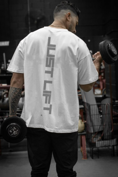 Just Lift Tasarımlı Oversize Erkek Beyaz Tişört