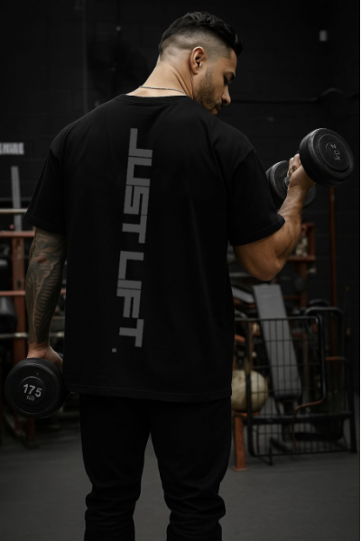 Just Lift Tasarımlı Oversize Erkek Siyah Tişört