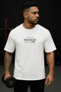 Muscles Tasarımlı Oversize Erkek Beyaz Tişört