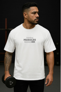 Muscles Tasarımlı Oversize Erkek Beyaz Tişört