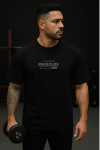 Muscles Tasarımlı Oversize Erkek Siyah Tişört