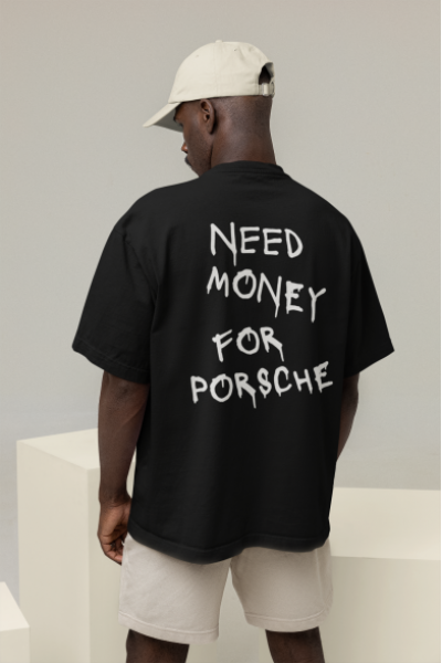 Need Money For Porsche Tasarımlı Oversize Erkek Siyah Tişört