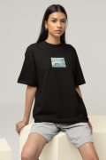 Yaz Dalgası Tasarımlı Oversize Kadın Siyah Tişört