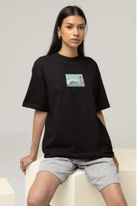 Yaz Dalgası Tasarımlı Oversize Kadın Siyah Tişört